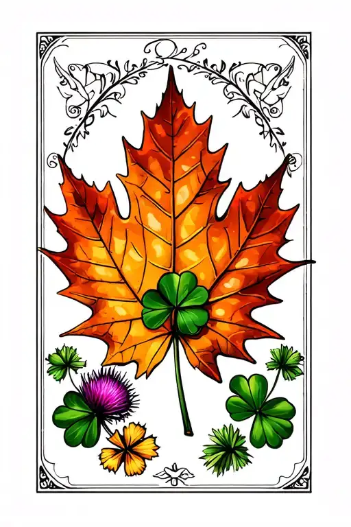 Large Maple Leaf With Small Clover And Thistle At The Base