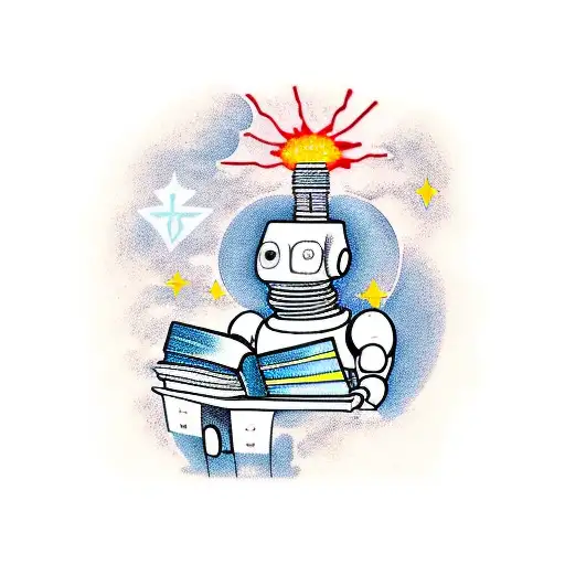 A Science Fiction Scene With A Robot Reading A Book Under A Starry Sky