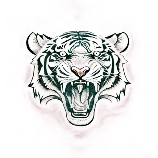 Tiger Two Half Face With Clam And Roar Face