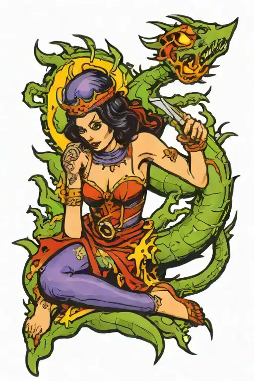 A Traditional Style Tattoo Of A Woman Warrior Embracing Her Agony And Pain In Hell