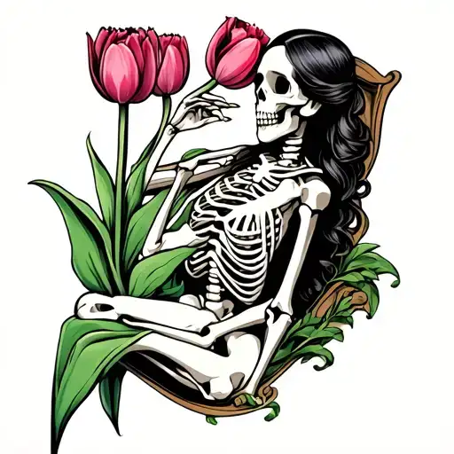 Womans Skeleton In Bed With Tulip Flower Growing