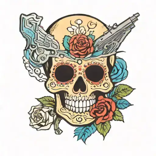 Mexican Sugar Skull With Roses In Eyes And Crossed Revolvers Behind