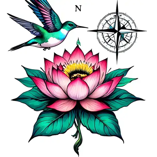 Lotus Flower With Humming Bird Flying And A Compass