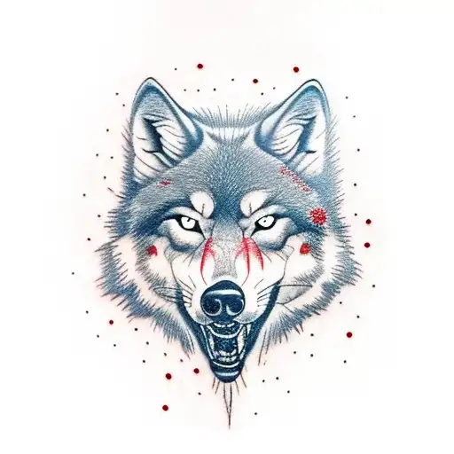 Polska Tattoo Half Aggressive Wolf With Some Red Bloods On Its Chin With A Red Maleficient Eye