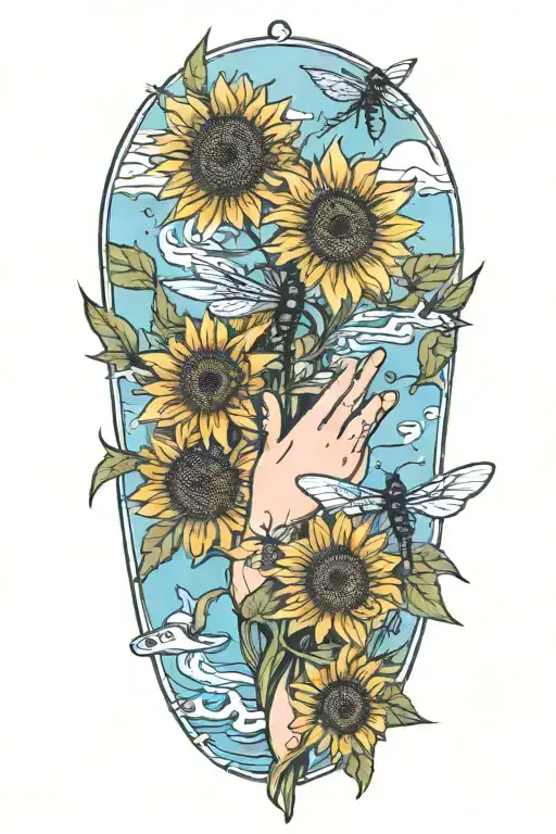 Praying Hands Holding A Bouquet Of Sunflowers And Dragonflies At A Peaceful Lake