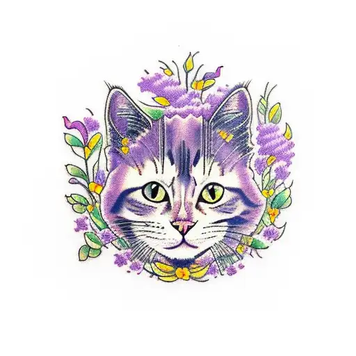 Cat Riding A Horse Through A Field Of Violet Flowers