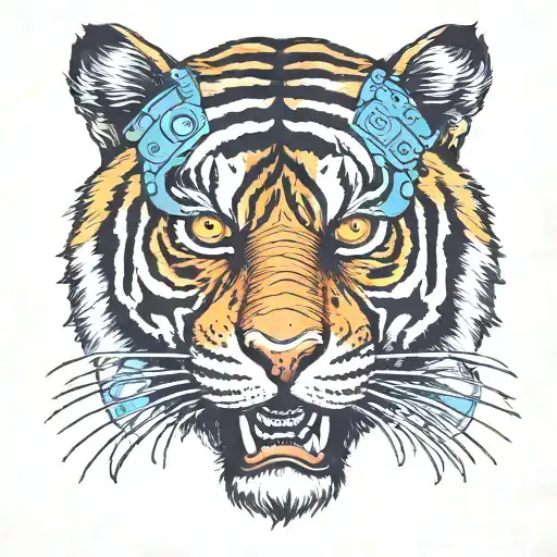 Americana Tattoo Of A Roaring Tiger With Night Vision Goggles