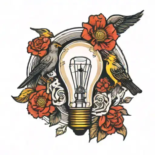 Lightbulb With Birds Inside With A Red Carnation And A Yellow Daisy Underneath The Bulb