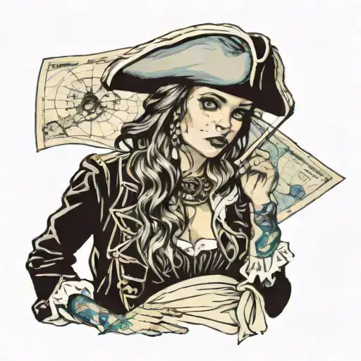 Pirate Girl With Map Behind Her And Blue Eyes