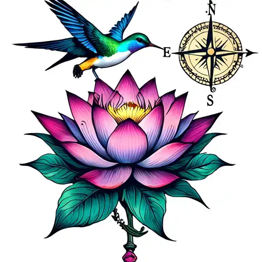 Lotus Flower With Humming Bird Flying And A Compass
