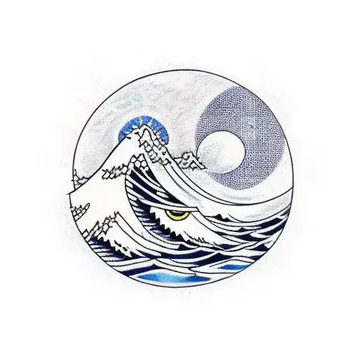 Waves And Mountain Reciprocating With Sun And Moon In A Diamond Shaped
