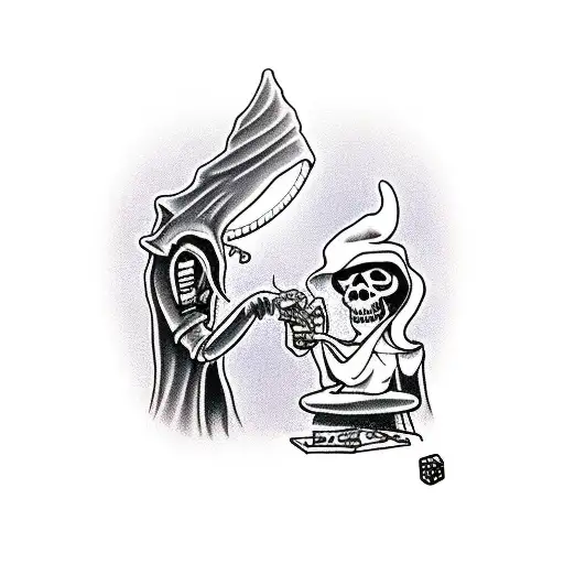 The Grim Reaper And A Witch Playing Dice On A Table