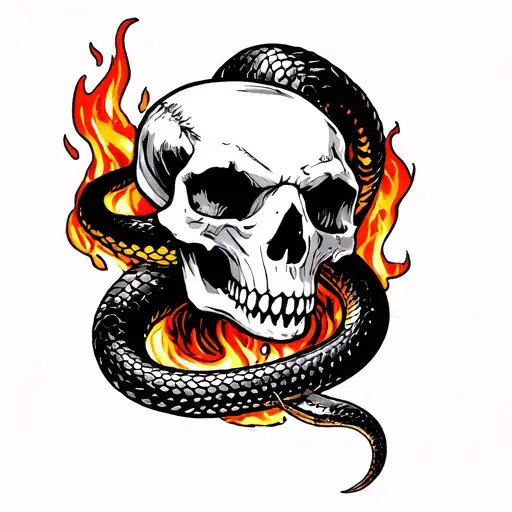 Tattoo Sketch In The Style Of Traditional Snake Skull In Fire