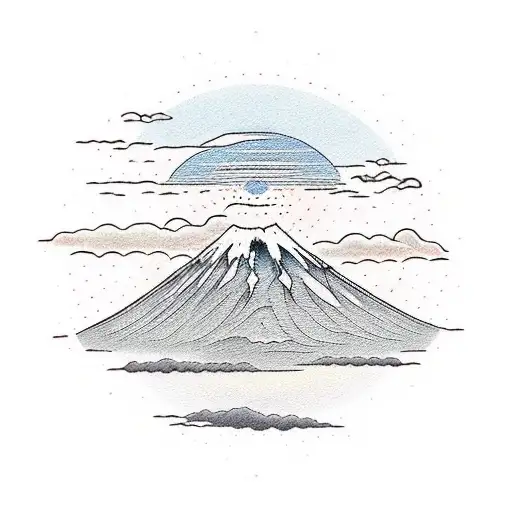 Red Sun With Mount Fuji In The Middle And Clasic Oriental Clouds Around