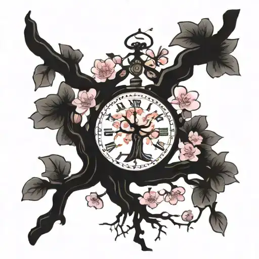 Cherry Blossom Tree With Roots Around A Clock Embedded