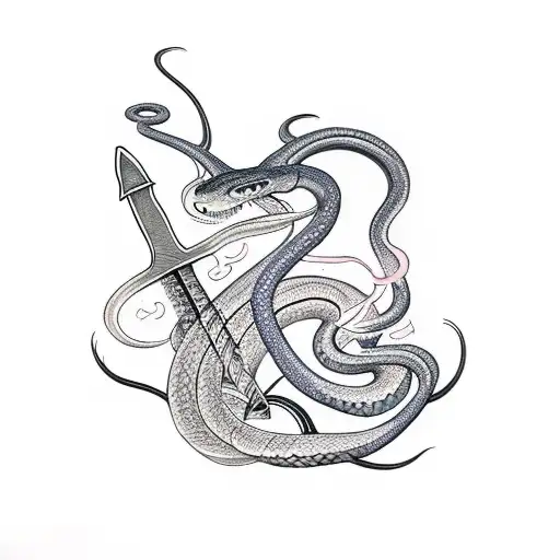 A Snake Wrapped Around A Sword That Has Flames Coming From The Blade