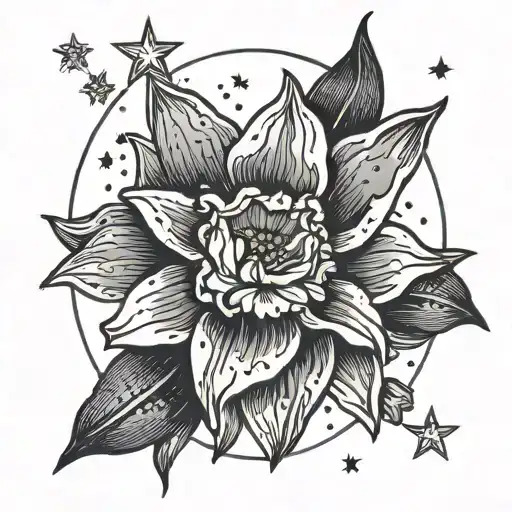 A Beautiful Narcissus Flower Blooming Under The Night Sky Filled With Stars