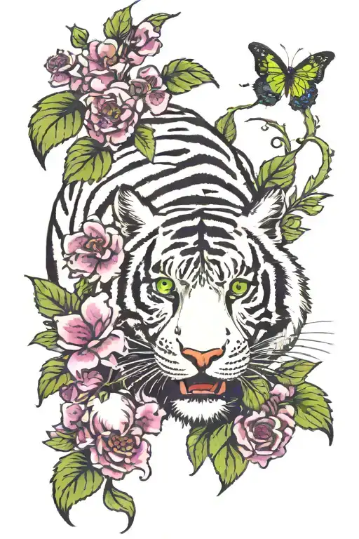 White Tiger With Green Ivy And Purple Flowers