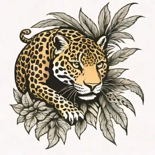 A Traditional Tattoo Of A Jaguar Prowling Through The Dense Aztec Jungle