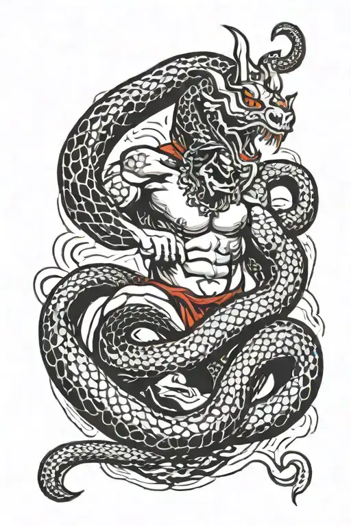 God Fight Devil With A White And Black Snake Wrapped