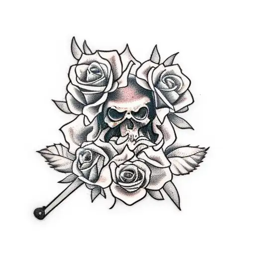 A Reaper Holding A Guitar With Roses Growing Out Of Its Cloak