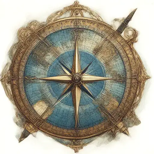 Compass And Clock With World Map And Sword And Fountain Pen