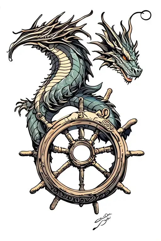 Mechanical Dragon Wrapped Around A Ship Wheel
