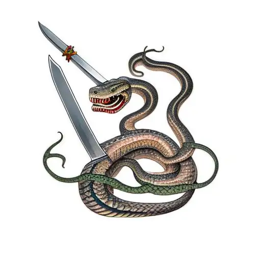 A Snake Wrapped Around A Sword That Has Flames Coming From The Blade