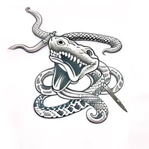 Sword With Snake Wrapped Around With Mouth Open And Roses Around
