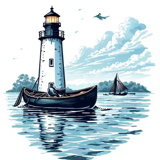 Lighthouse And Rowboat Drifting Towards