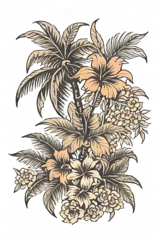 Black And Grey Traditional Palm Tree And Floral