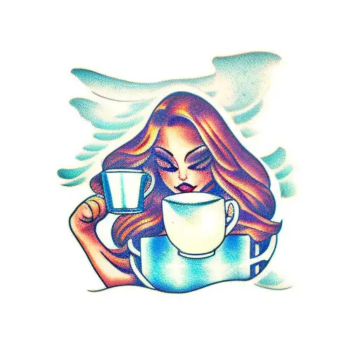 Girl Surfing Holding Mug Of Coffee