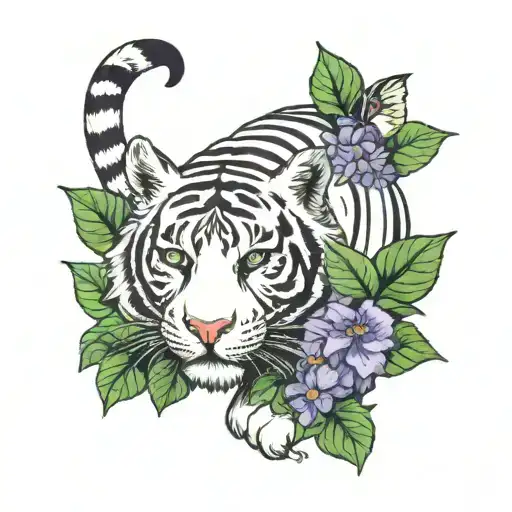 White Tiger Laying On Green Ivy And Purple Flowers
