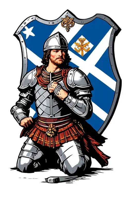 Kneeling Scottish Knight Bearing A Shield With Displaying The Royal Arms Of Scotland