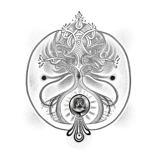 Dotwork Design Of A Tree Of Life Intertwined With Lord Shiva's Iconic Symbols