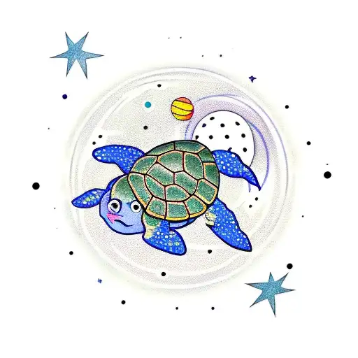 Animated Turtle In Space With Planets And Stars In The Tattoo Style American Traditional