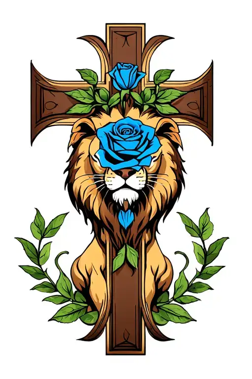 Lion In A Cross With A Blue Rose