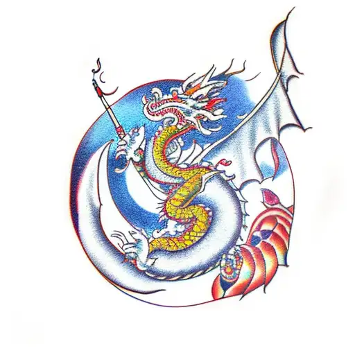 Chinese Dragon With Crescent Moon