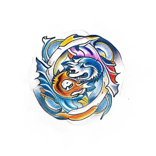 A Wolf And Dragon Intertwined In A Yin Yang Symbol
