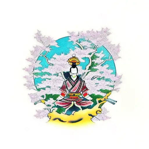 Samurai Meditates Under Cherry Blossom Tree In A Temple