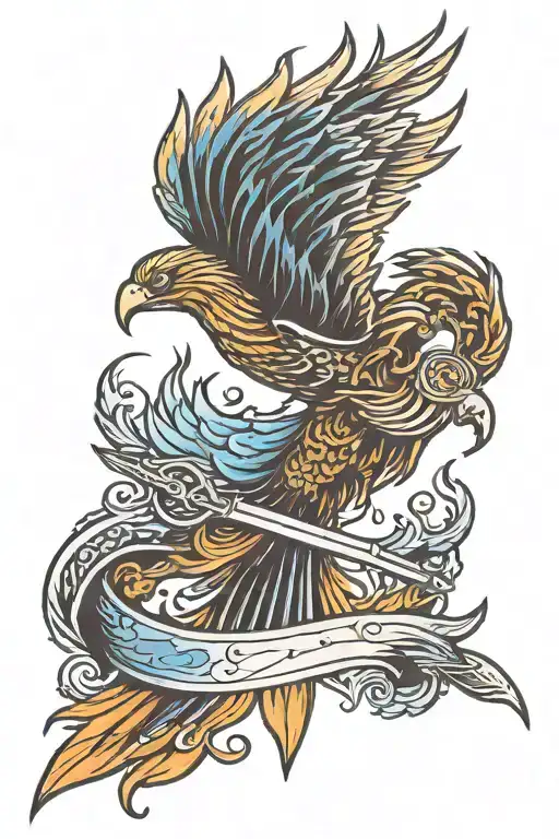 Phoenix With A Sword And Blue Fire