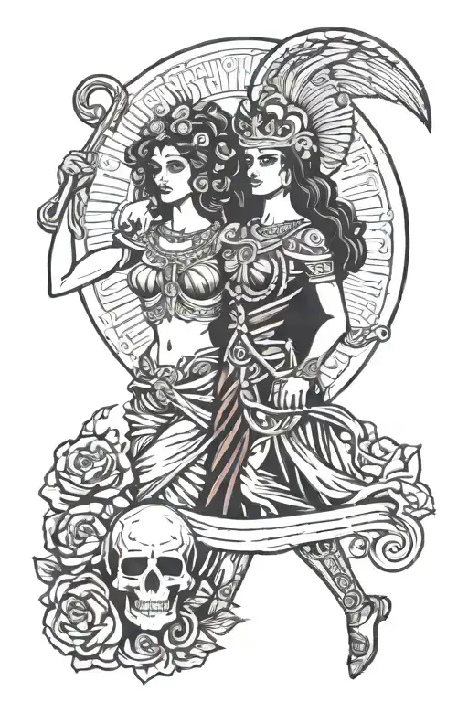 Ancient Greek Goddess Of Justice Themis And Mexican Goddess Of Death Muerta