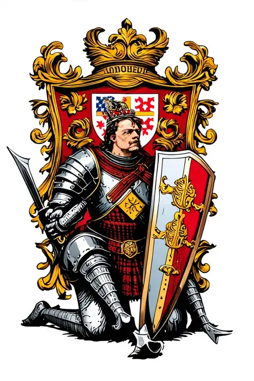 Kneeling Scottish Knight Bearing A Shield With The Scottish Coat Of Arms
