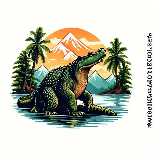 Alligator And Bear Near Mountains And Palm Trees