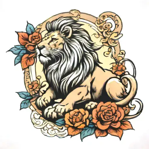 A Traditional Style Tattoo Of A Majestic Lion In A Natural Setting