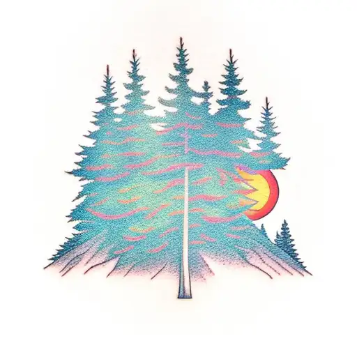 Sitka Tree With Mountains In The Back Small Pine Trees Surrounding With Sun In The Corner