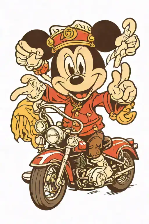 Mickey Mouse On Front End Of Motorcycle Flipping The Bird