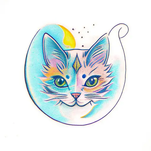 Moon And Star Colorful Cat Face Feather