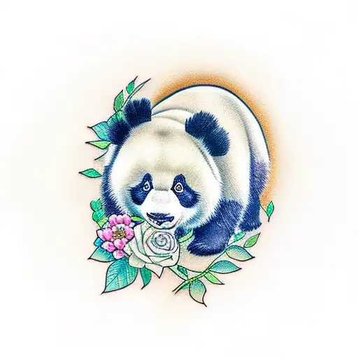 Realistic Panda Face With Flowers Surrounding