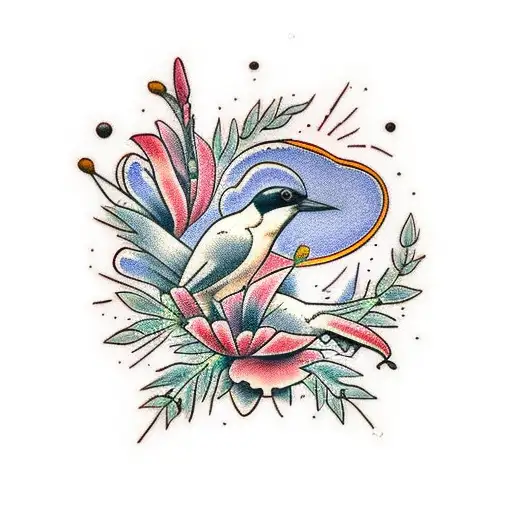 Two Magpies And California Poppies